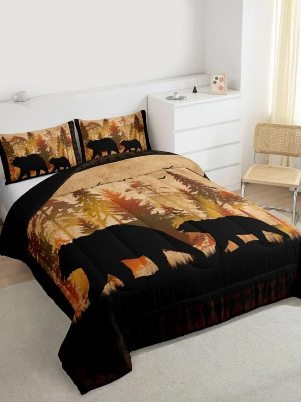Queen Size Bear Comforter Set, Boys Cabin Lodge Decor Bedding Set Rustic Farmhou